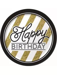 8 Happy Birthday Black and Gold Paper Plates 23 cm