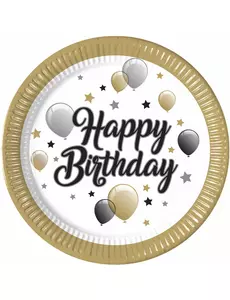8 Happy Birthday-tallerkener i gull, svart, sølv, 23 cm