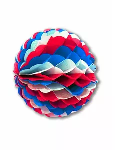 Blå, hvit, rød papirball med bikakemotiv 25 cm