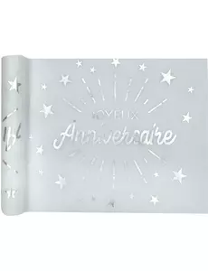 Hvit og sølvfarget non-woven bursdagsbordløper 5m x 30cm