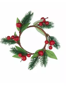 Julekrans med gran og røde bær 18 cm