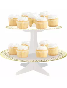 Hvitt og gullfarget papp-muffinsstativ 31 x 24 cm