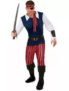 Rød og svart stripete piratkostyme for menn, Størrelse: Large