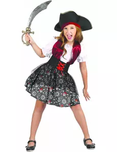 Piratkostyme med hodeskalletrykk til jenter, Størrelse: 4–6 år (110–120 cm)