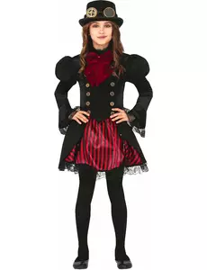 Glamorøst rødt steampunk-kostyme for jenter, Størrelse: 5–6 år (110–115 cm)