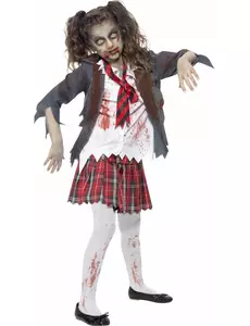 Zombie skolejentekostyme til Halloween for jenter, Størrelse: 7–9 år (130/143 cm)