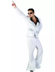 Hvitt og sølvfarget diskokostyme for menn, Størrelse: Large