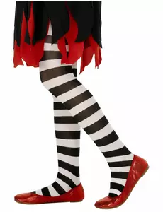 Girls' black and white striped tights, Size: 11-14 years (L)