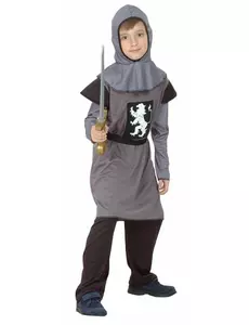 Grått middelalderridderkostyme for gutter, Størrelse: 7–9 år (120–130 cm)