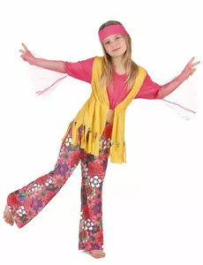 Flerfarget hippiekostyme til jenter, Størrelse: 10–12 år (130–140 cm)