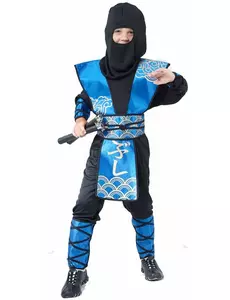 Blått og gull ninjakostyme til gutter, Størrelse: 10–12 år (130–140 cm)