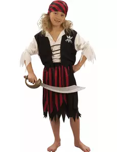 Svart og rødt korsarpiratkostyme til jenter, Størrelse: 7–9 år (120–130 cm)