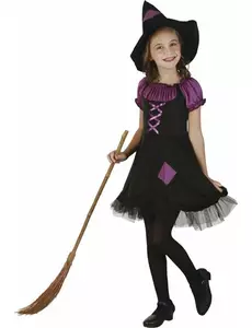 Purple witch costume with hat for girls, Size: 7-9 years (120-130 cm)