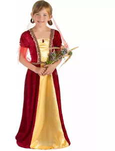 Rødt middelaldergrevinnekostyme for jenter, Størrelse: 7–9 år (120–130 cm)