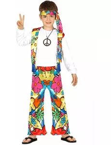 Children's hippie costume with large flowers, Size: 10-12 years (142-148 cm)