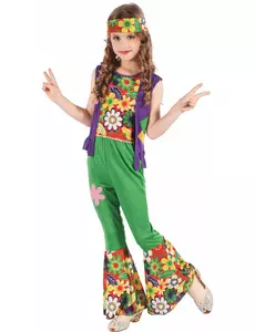 Green flower power hippie costume for girls, Size: 10-12 years (130-140 cm)