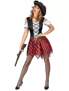 Red and black striped pirate costume for women, Size: Medium