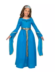 Costume with blue medieval princess tiara for girls, Size: 9 years (122 - 134 cm)