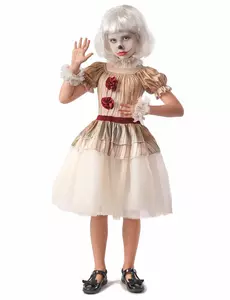 Beige terrifying clown costume for girls, Size: 7-9 years (120-130 cm)