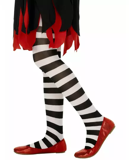 Girls' black and white striped tights, Size: 4-5 years (116 cm)