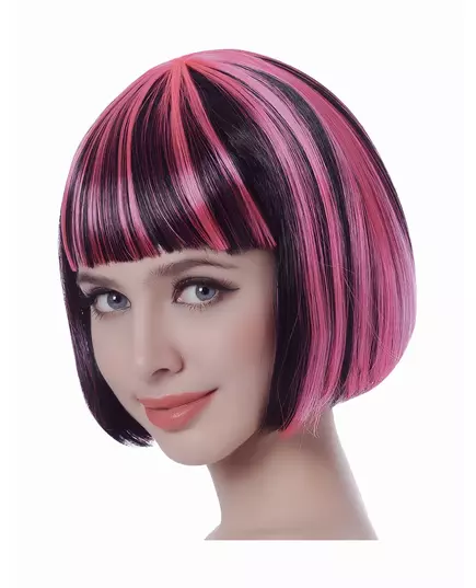 Kort bob-parykk for kvinner med svarte og rosa striper