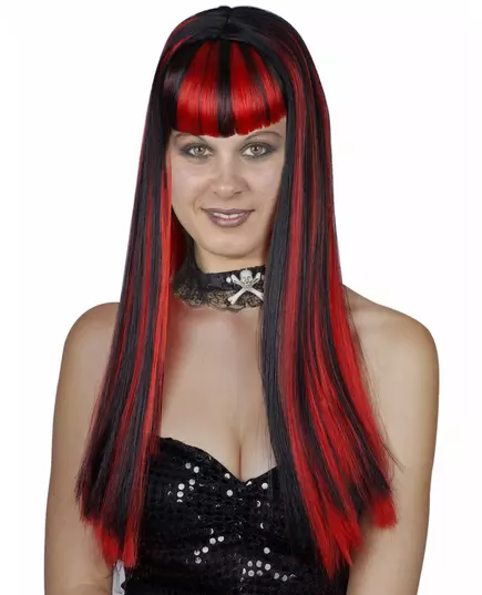 Long black wig with bangs and red highlights for women