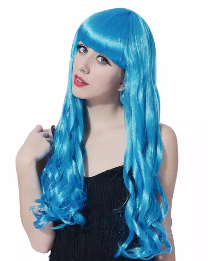 Long wavy blue wig with bangs for women