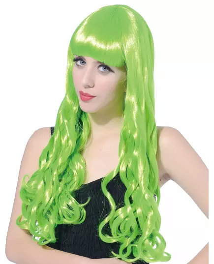 Long Wavy Neon Green Wig with Bangs for Women