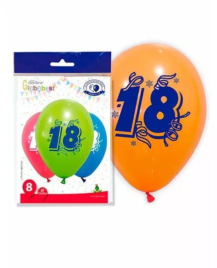 8 flerfargede ballonger med nummer 18, 30 cm