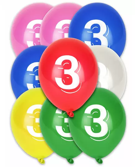 8 flerfargede ballonger med nummer 3, 30 cm