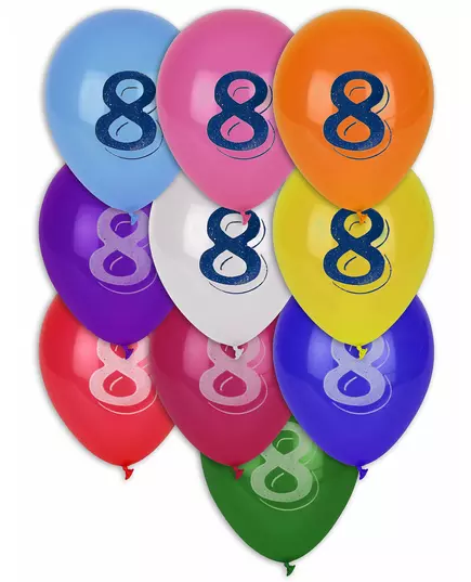 8 flerfargede ballonger med nummer 8, 30 cm