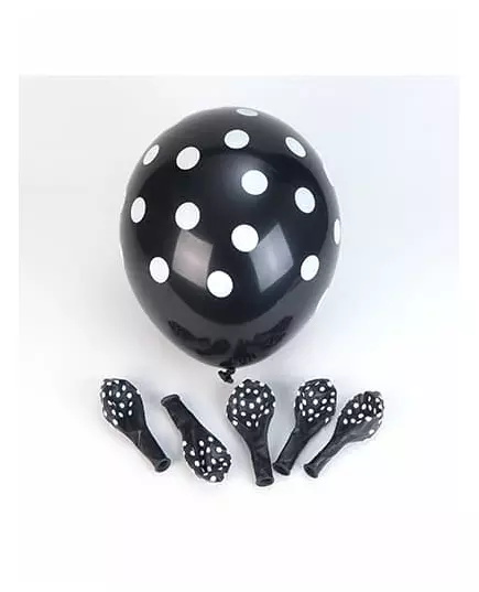 6 Black latex balloons with white polka dots 30 cm