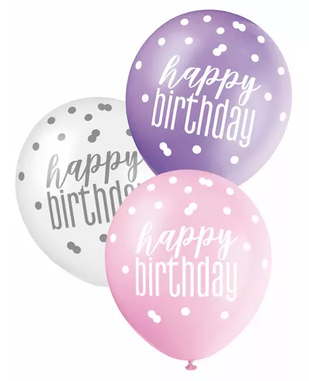 6 rosa, lilla og hvite bursdagsballonger
