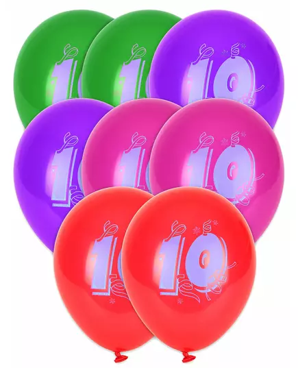 8 flerfargede ballonger med nummer 10, 30 cm