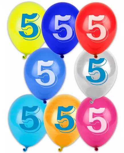 8 flerfargede ballonger med nummer 5, 30 cm