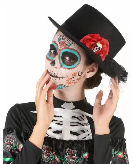 Black top hat with red flower skull for Dia de los muertos adult