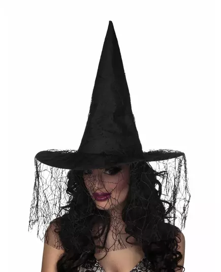 Svart heksehatt med edderkoppslør til dame, Halloween
