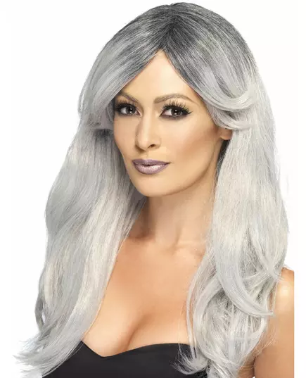 Long wig with layered gray bangs for women
