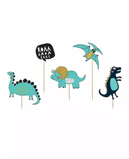5 blå dinosaur-kaketopper i papp, 10,5–20 cm