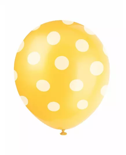 6 gule lateksballonger med hvite prikker 30 cm