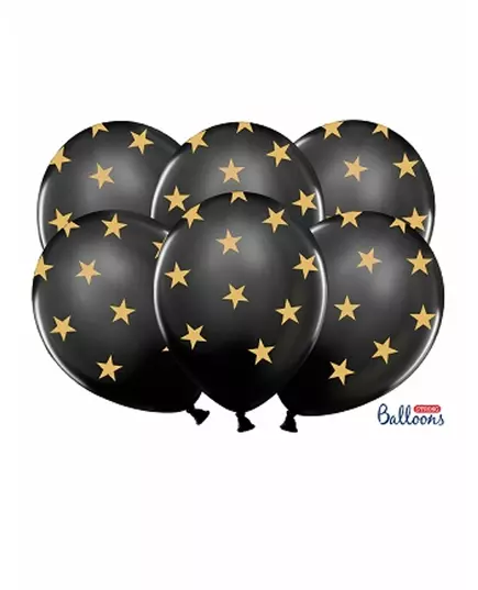 6 Black latex balloons with gold stars 30 cm