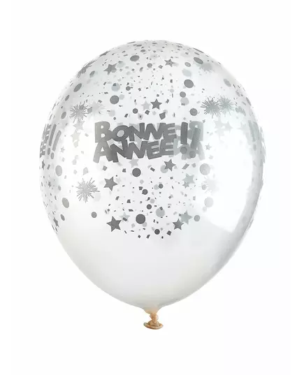 6 Transparent latex balloons Happy New Year silver 30 cm