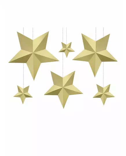 6 3D gullfargede julestjerner