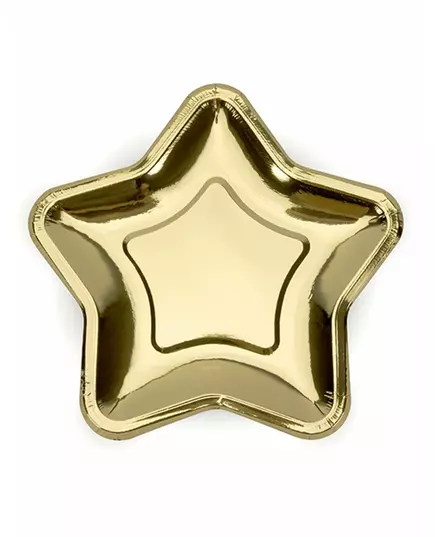6 små gullfargede metalliske stjernetallerkener i papp, 18 cm