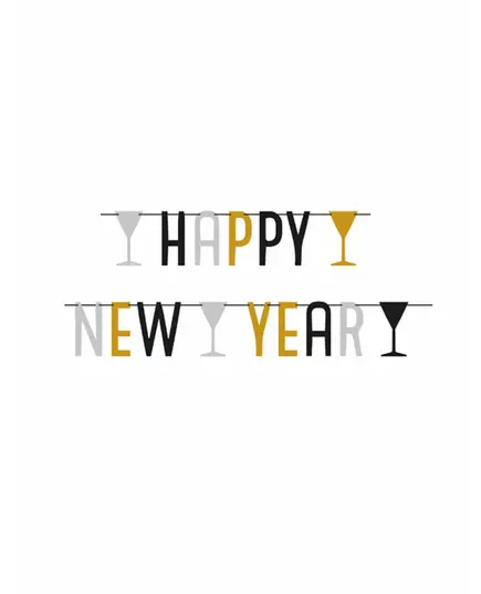Happy New Year garland silver black and gold