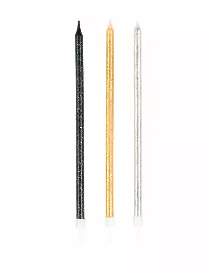 12 store svarte, gullfargede og grå glitterlys 15 cm