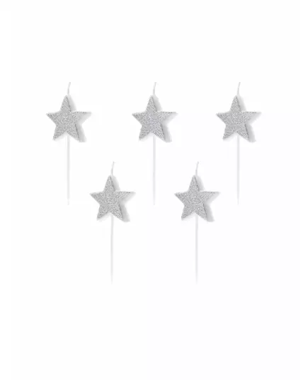 5 bursdagslys på sølvglitterstjerner 3,5 cm