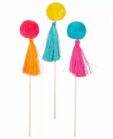 6 Wooden picks colored pompoms 16 cm