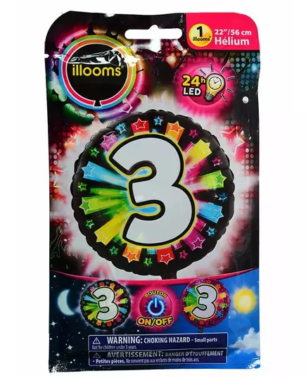 Illooms® flerfarget LED-folieballong med nummer 3, 50 cm