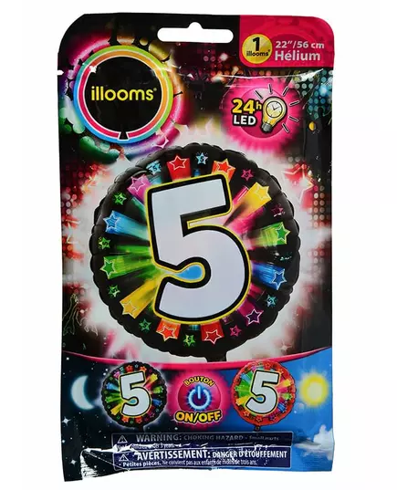 Aluminiumsballong nummer 5 flerfarget LED Illooms® 50 cm